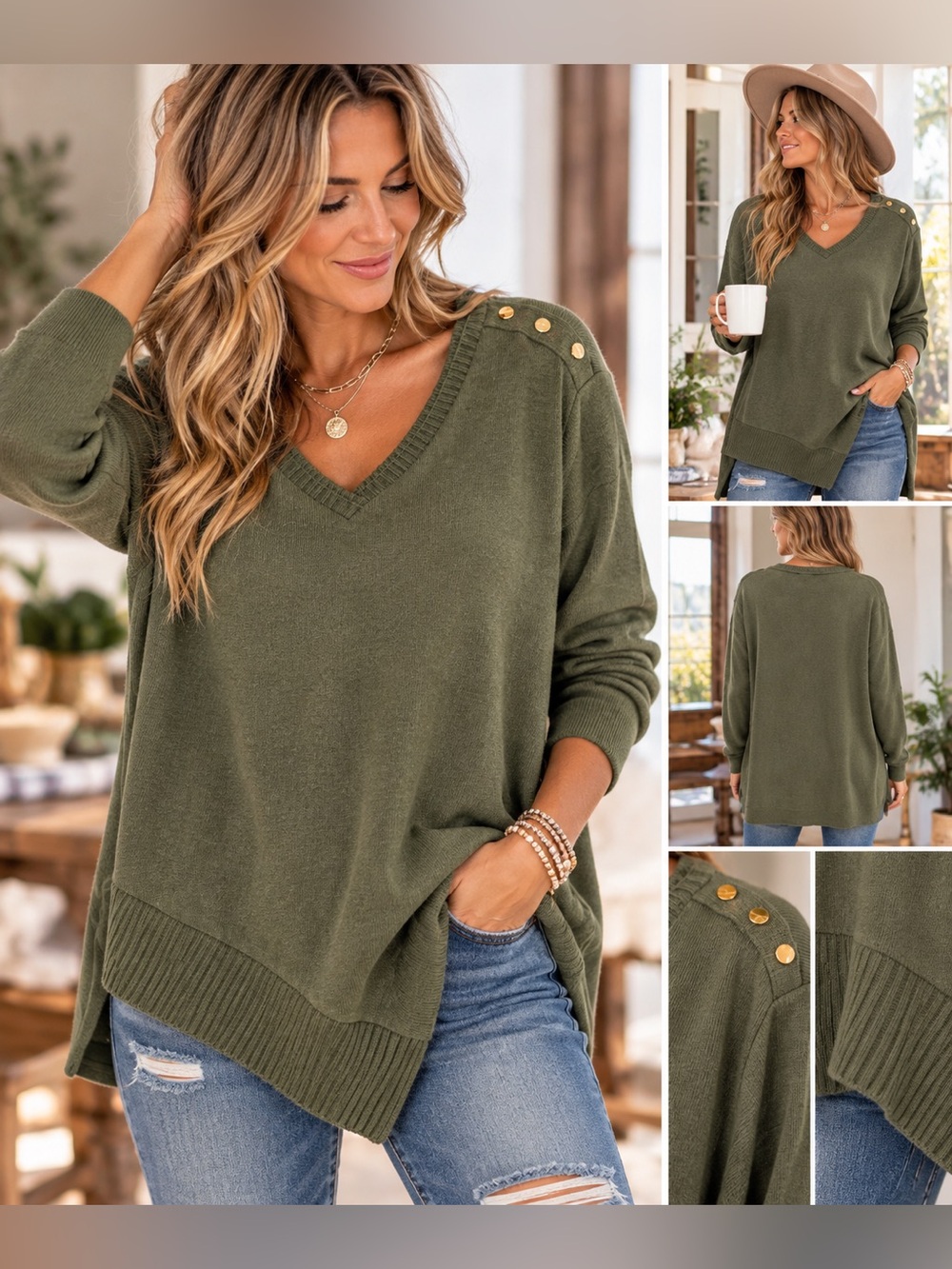 Rafaella Olive Green Asymmetrical V-Neck Sweater Tunic 1X Gold Button Detail